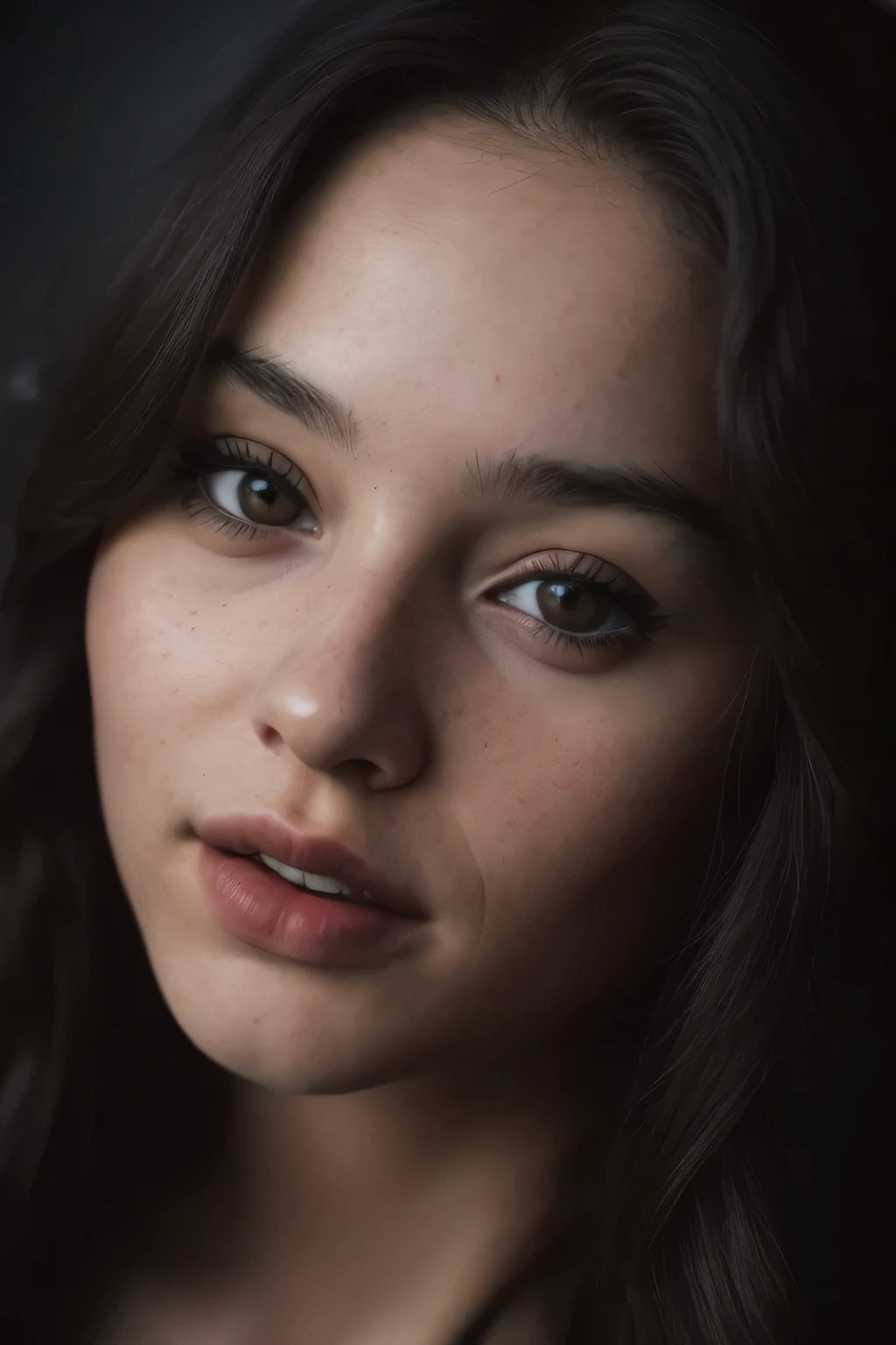 (close-up, editorial photograph of a 21 year old woman naked ), (highly detailed face:1.4) (smile:0.7) (background inside dark, moody, private study:1.3) POV, by lee jeffries, nikon d850, film stock photograph ,4 kodak portra 400 ,camera f1.6 lens ,rich colors ,hyper realistic ,lifelike texture, dramatic lighting , cinestill 800,
