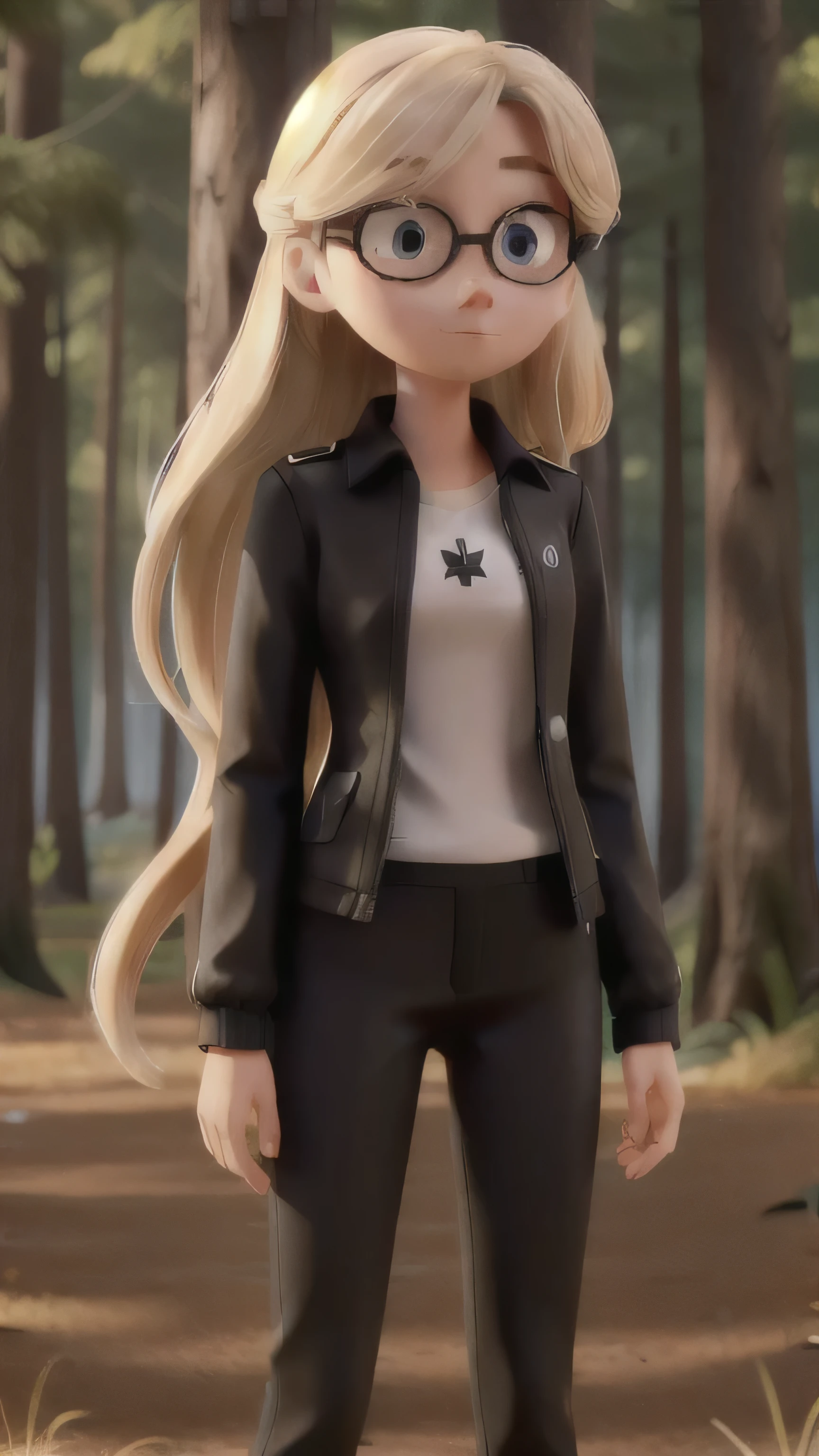 Blonde girl, With long hair, Wear a black outfit, Long black pants, Black jacket and white shirt, Body color is brown, Hazel eyes, Wear clear sunglasses, Standing in the woods