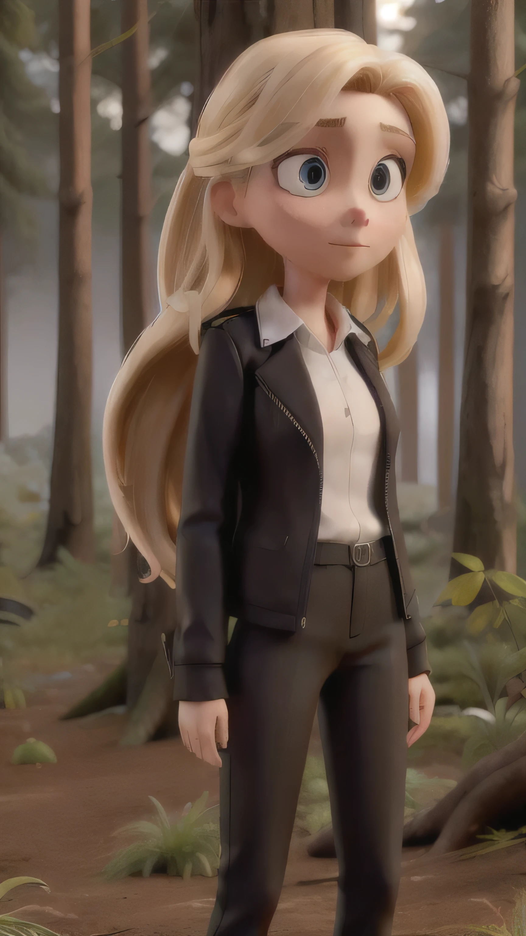 Blonde girl, With long hair, Wear a black outfit, Long black pants, Black jacket and white shirt, Body color is brown, Hazel eyes, Wear clear sunglasses, Standing in the woods