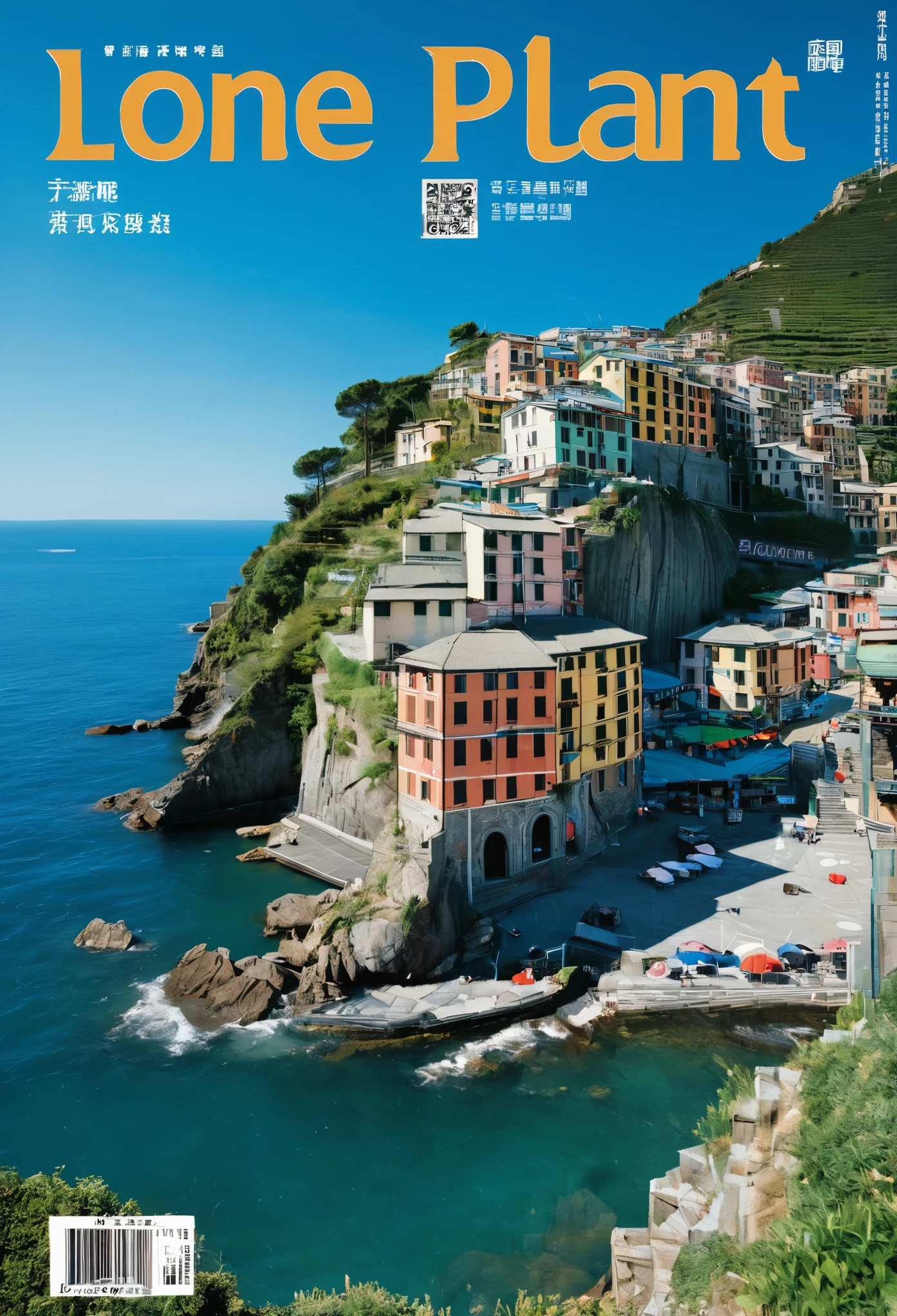 The cover of the Chinese magazine "lone planet", features a picturesque scene from Cinque Terre in Italy, with clear blue waters and ancient buildings on top of cliffs. The title is written at bottom left hand corner of picture with big letters. At center right side there's an editorial text reading '7 urban graph nature playing cards' , which adds to its adventurous charm. In background we can see some other cities. It was shot by Sony A9 camera using 2435mm f/8 lens.