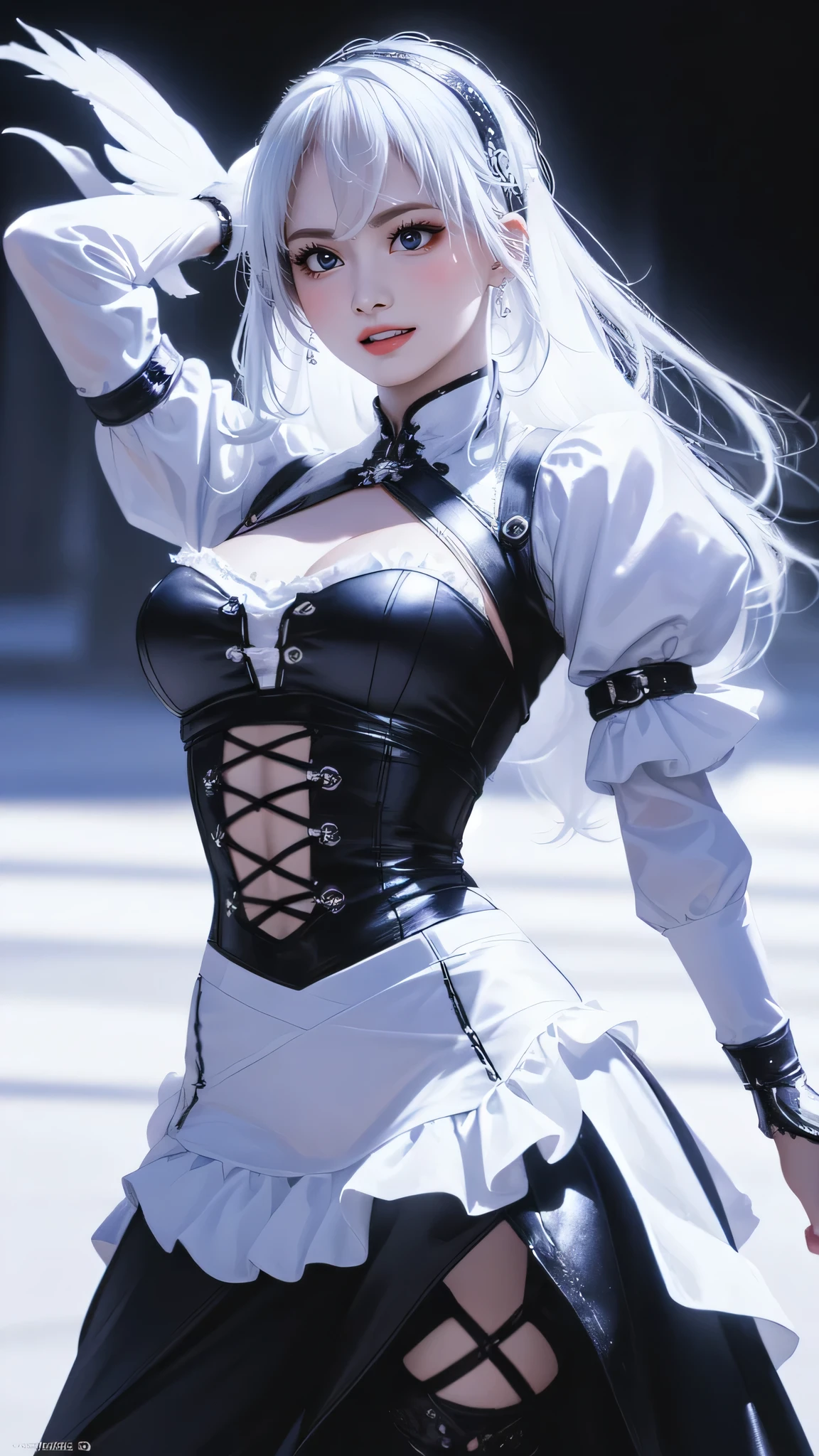 hyper realistic portrait of a faceless slim young teenage girl with white hair, wearing sleeveless sailor uniform, black skirt, black long socks, white face mask, raising her arms up, showing her oiled armpits, oil in armpits, armpit wrinkles armpit details, best quality, high resolution, smooth lighting, cinematic, 35mm lens, f/1.8, accent lighting, global illumination --uplight --v4 --q2--