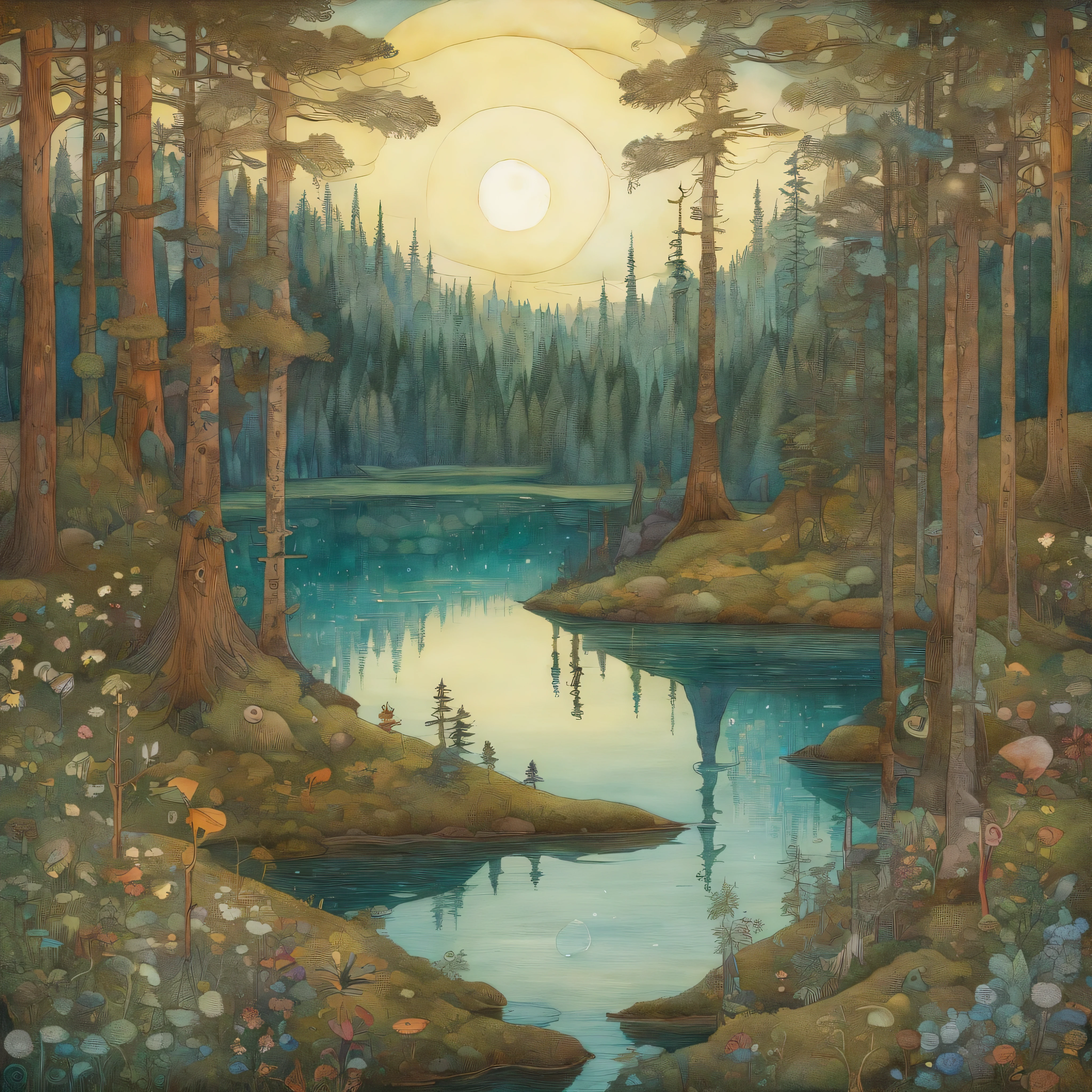 (wall art) (no mockup) (john bauer design) (scandinavian dense forest surrounding a small lake) (scandinavian colors)