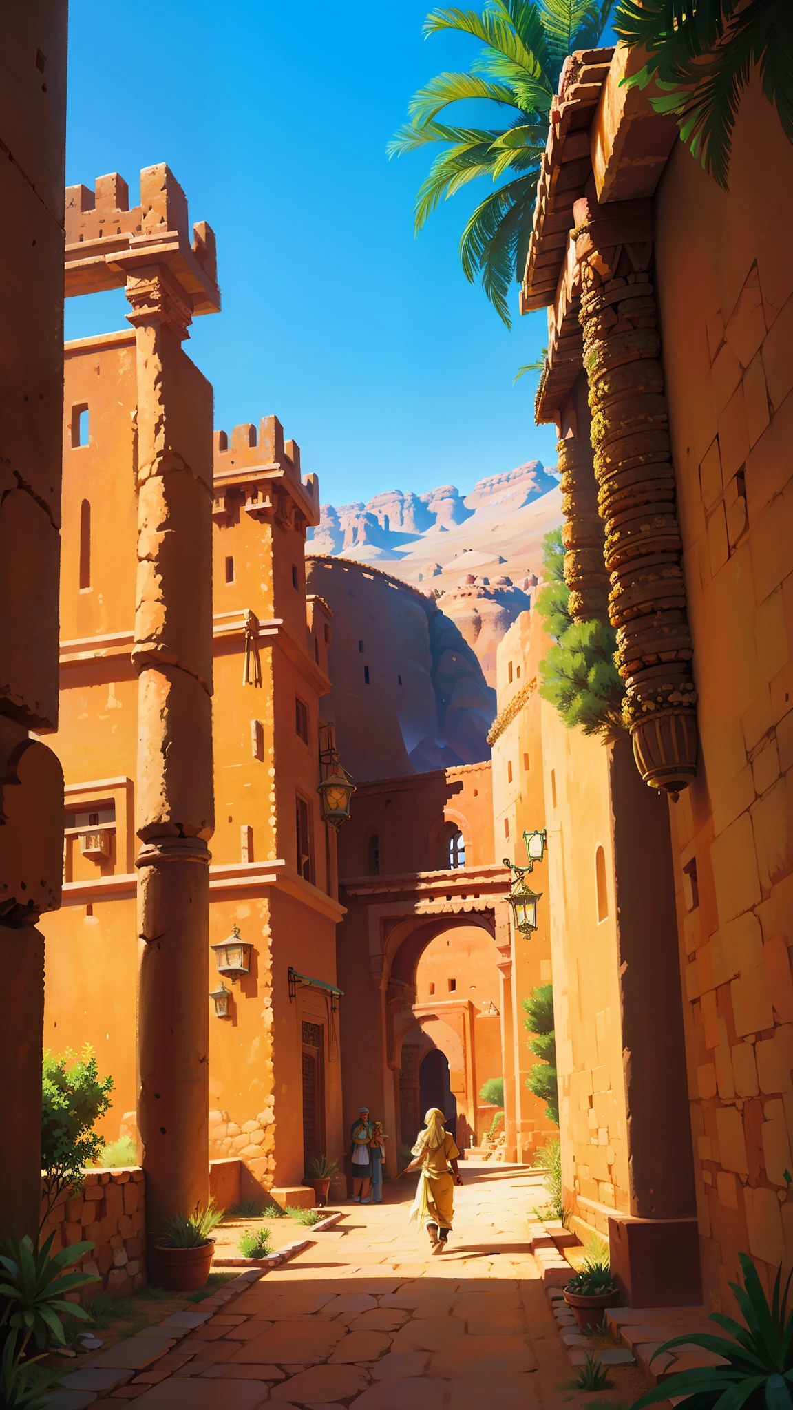 "Capture the breathtaking beauty of an ancient Moroccan town nestled in the Atlas Mountains, under a clear and sunny sky. Feel the gentle breeze rustling through the trees. Ouarzazate, Morocco, Sahara, a subsaharian girl walking peacefully between the montains."