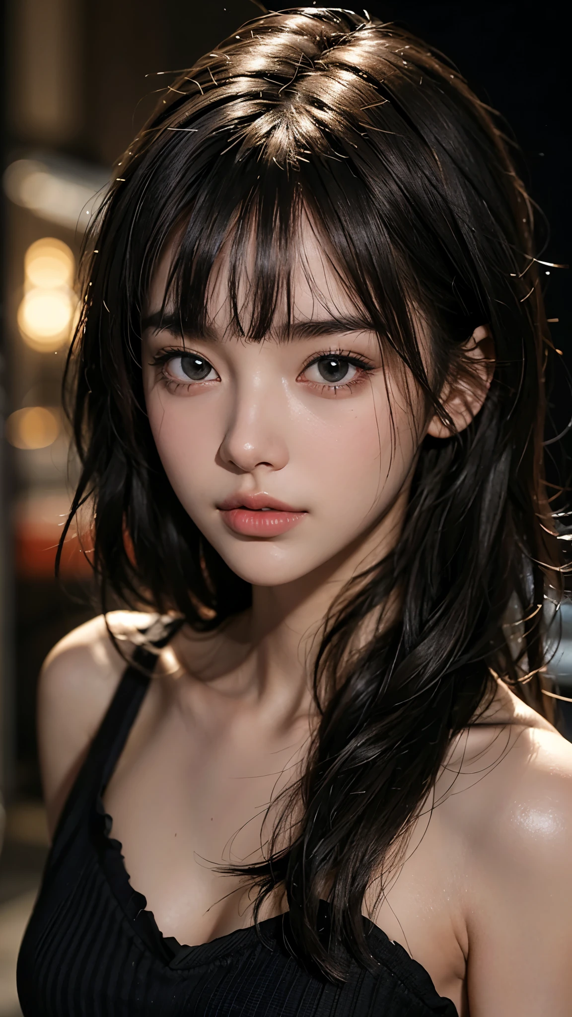 cute 22 year old,1 girl,slim face ,8K,Super realistic image quality,dynamic shadow,sparkling eyes,Clear black eyes,movie theater lighting,dark back alley,night,Darkness of the city,I can see your breasts, ((face キス close up:1.5)),((Tight lips)),((long hair)),((very short bangs)),close, 8K, Raw photo, highest quality, masterpiece,realistic, photo-realistic,