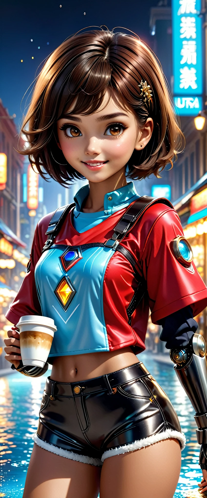 A fine Mecha-girl fullbody mechanized, with black hair, she is wearing short shorts and a shirt, she's 18, her eyes are dark brown, coffee, she loves coffee, she is holding a cup of coffee, she is black, has dark skin, Globe World Earth (epic tMasterpiece, ultra highest quality, ultra highest resolution, ultra high-definition, distinct_image, very elaborate CG cinematic_lighting ray_tracing drop_shadows (photorealistic: 1.4), ultra high-quality textures fine-grained realistic face expression): (Epic gorgeous girl brown short hair bulb frange big sparkling eyes, Eye level shot, happy smile, beauty, slim body small size breast) (max best quality，UHD, HDR，tmasterpiece：1.2），Super detailed，lifelike：1.37，cute Mechanical dolls on children&#39;s fountain droplet，Emotional communication，interesting action，Ornaments，Possessing human emotions and intelligence，Mechanical dolls，big eyes，dark eye makeup，Dumb，cute，mechanical joint，short hair，whole body，action，posture，sneakers，fashionable costume，metal skin decoration，Clean，Warm，Warm hearth，blur background, red clothing, varied multi etc. --v6 --s1000 --c20 --q5 --chaos100
