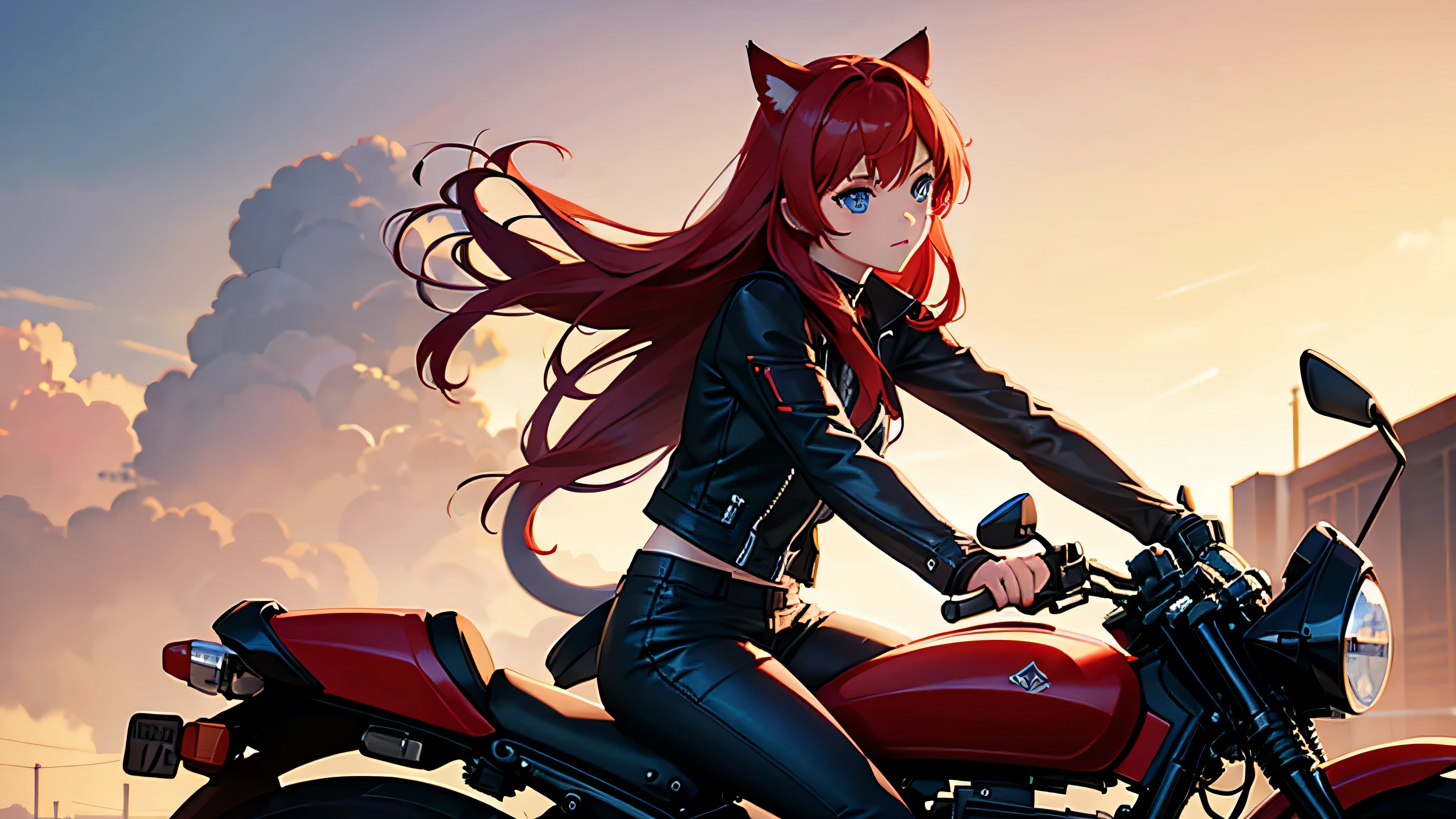 Red Hair Blue eyes cat girl riding a motorcycle