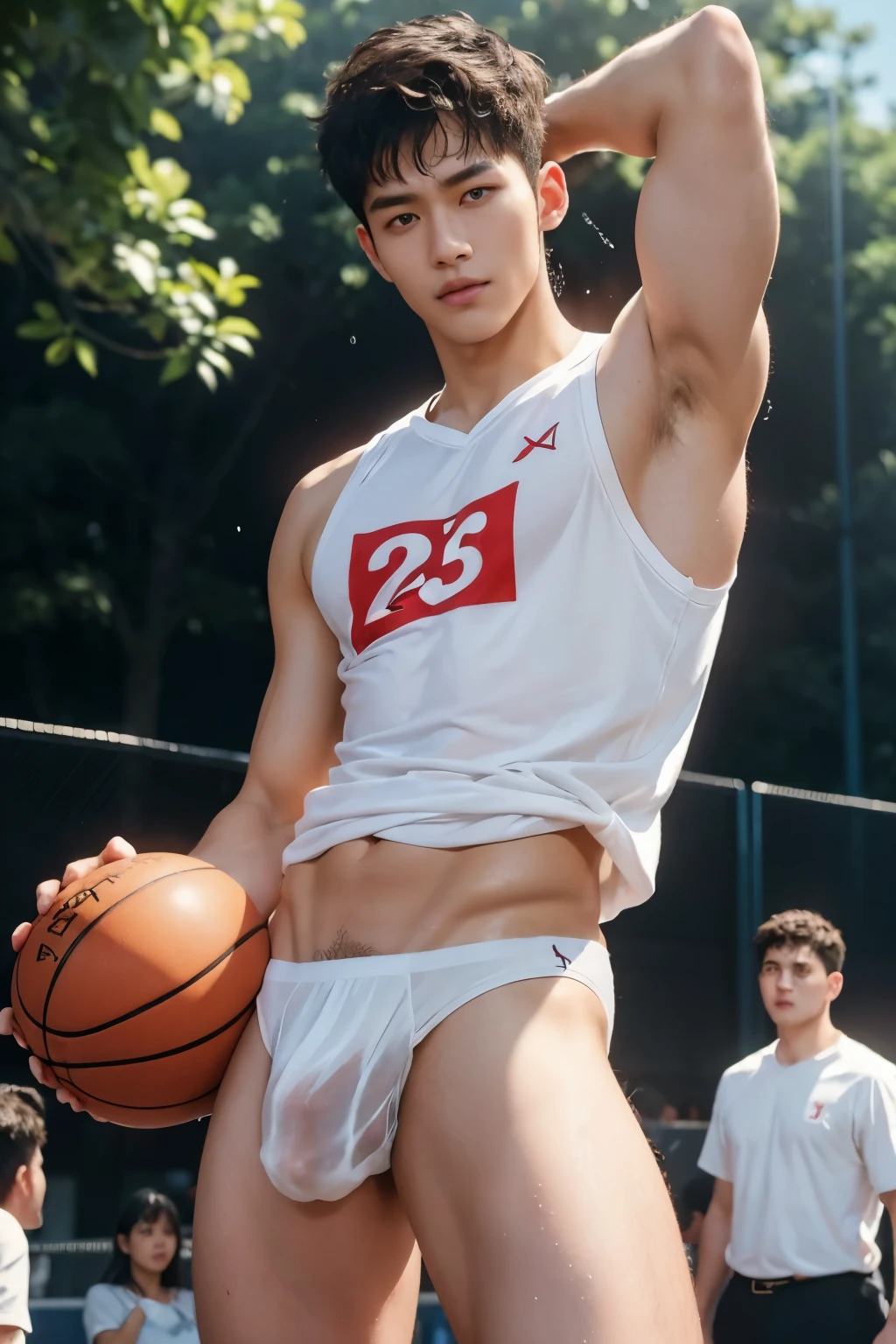 NO PANTS, CLOSED UP DETAILED, basketball player, playing basketball, wearing soaked basketball shirt, pull off shirt, ABS EXPOSED, Very wet body, very wet, basketball court court, wearing socks, naked just wearing red soaked micro men g-string, Showing off his very hairy armpits, Slim fit body, ager body, Shota, very cute boy face, 15 y, baby face, young kids, Very young teenager boy, Amg basketball court scenery, in the middle of Crowded basketball court court, he only wear Tiny see through red micro g-string, crowded people, very hot sunny day, summer, dirty and wet court,  he wore a very small transparent see through thong covering half of his big hard dick, dickprint, Sweat dripping all over the body, sweat covering all over the body, Full body photo, wearing Very tiny thong, Proudly showing off his sweaty very hairy armpits to audience in music concert area, completely naked just wearing thin Tiny white thong, very young boy, Cinematic soft lighting illuminates a stunningly detailed and ultra-realistic handsome korean male supermodel, ultra messy curly hair, clear honey eyes, captivating perfect smile, sensual, hot man, insanely handsome, showing off his sweaty body, very sixpack muscular body build, slender, toned, full body, 8k, photography, masterpiece, detailed face, detailed eyes, sexy, beautiful abdomen and beautiful legs and a detailed big hard bulge, expression of ecstasy, excited, slim, detailed eyes and lips, sixpack and fit body. Image quality is of the highest standard, with ultra-detailed features and a realistic appearance. The colors are bright and vibrant, enhancing the overall aesthetic. The lighting is soft and natural, casting a soft glow on the boy, don't merge body's