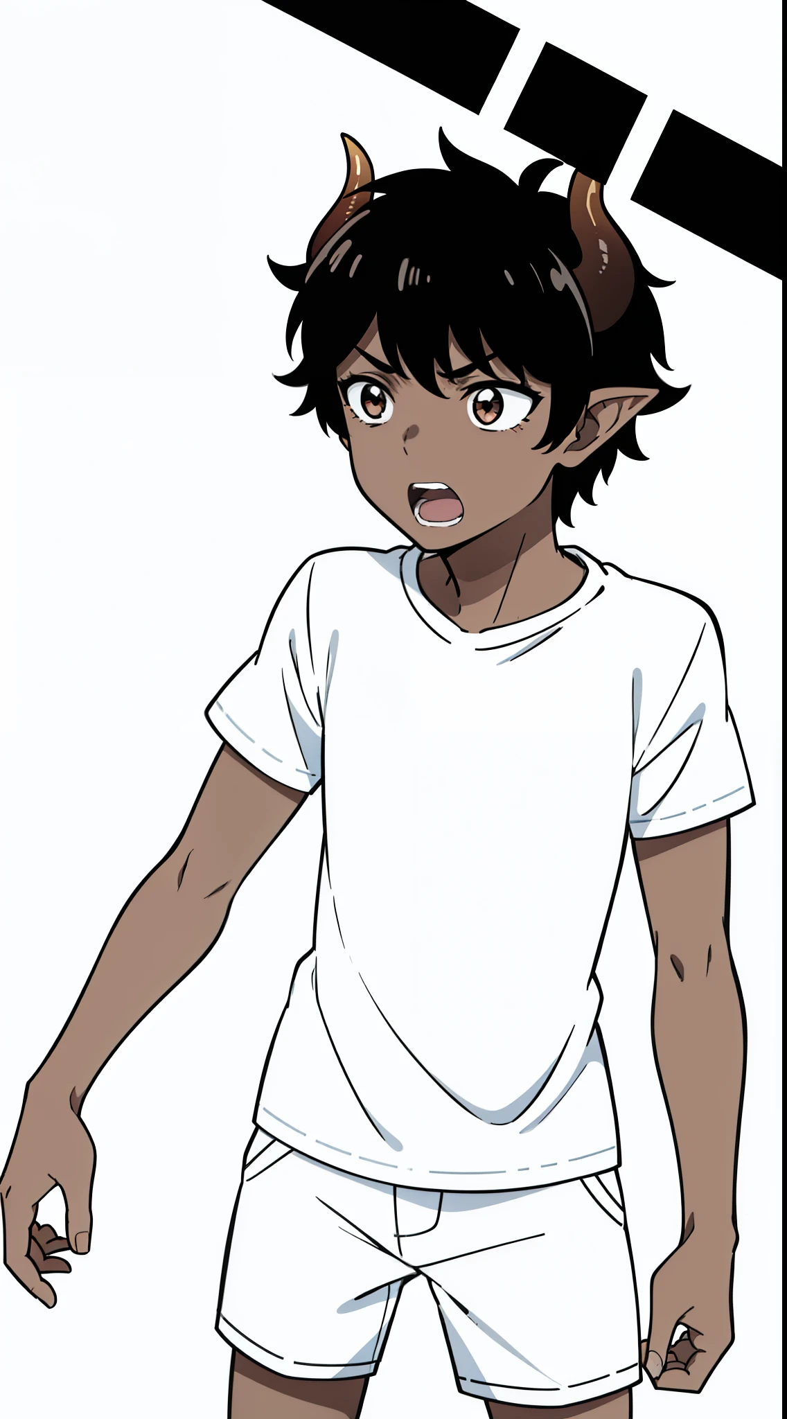 1boy,8 ,solo,scared,((dark skin)),white shirt,short sleeves,white shorts,black hair,elf ears,(horns),(white background,line drawing),open mouth