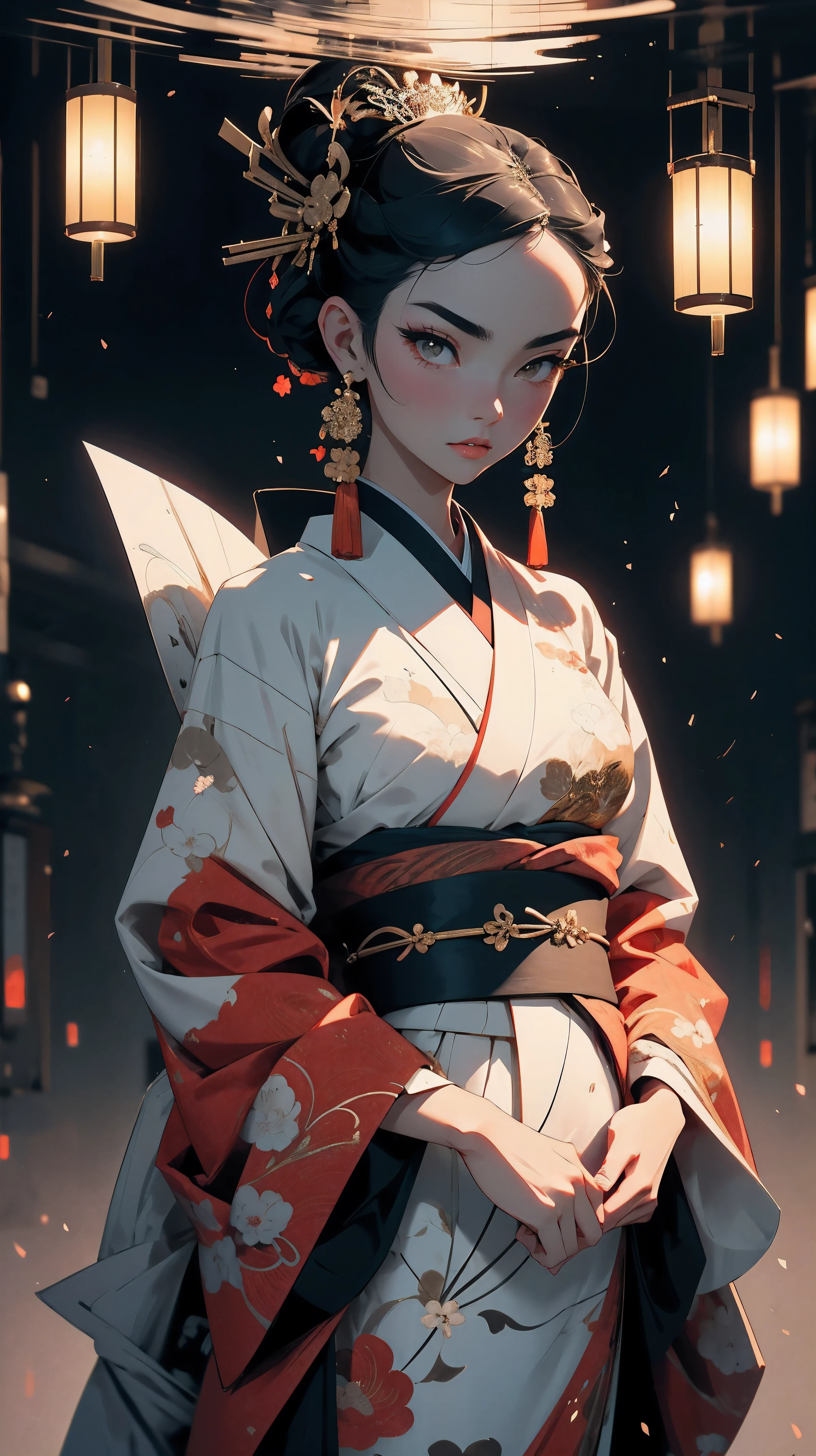 Geisha, Alluring figure, Wearing kimono. Masterful technique reveals the intensity and power of the image;sense of presence，with the highest quality, Perfectly capture every detail with ultra-high resolution. Textures and intricate patterns on kimonos are rendered with extreme precision. Lighting is carefully designed，Enhanced raman, Features deep shadows and subtle highlights. General, The artwork exudes elegance and power, Combining traditional Japanese aesthetics with a modern feel. Monochromatic color palette, Combine details, Create captivating and immersive experience for your audience.