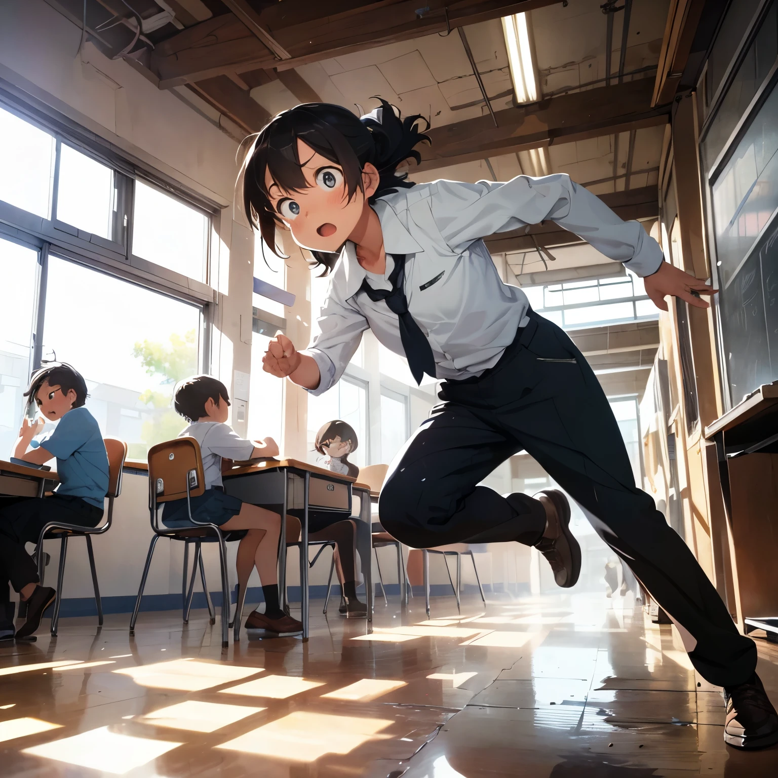 ((Bart running through a classroom, (Best Quality, High resolution, Ultra-detailed))), From a side angle, One boy in, Sweat-drenched forehead, Round cheeks flushed with exertion, (Exaggerated perspective), Disheveled hair, Shirt untucked, Trousers wrinkled, Pencil and paper flying in the air, Chaotic scene of books scattered around, Brown shoes leaving ???? marks on the polished floor, Expressive and dynamic, (Motion blur effect), (Art style inspired by Walt Disney or Pixar), Joyful and cartoony expressions on the faces of other students, (Looking back in surprise), Rowdy and energet