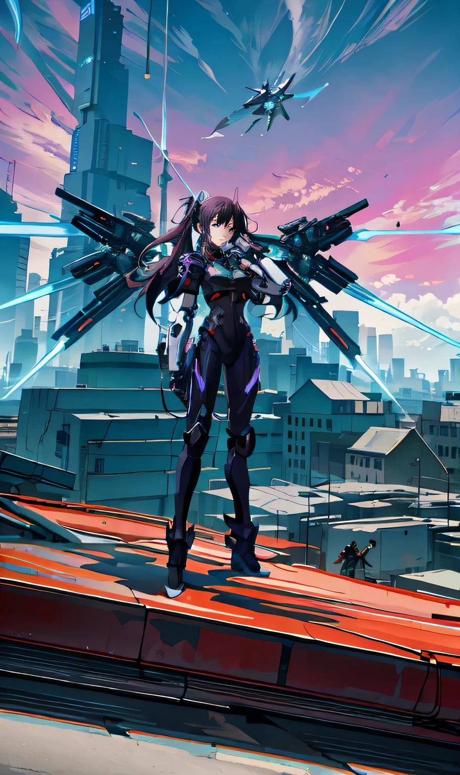 Anime-Charakter steht auf einem Dach mit einer Stadt im Hintergrund, cyberpunk anime girl mech, digital cyberpunk anime art, cyberpunk anime girl, anime cyberpunk art, female cyberpunk anime girl, knallharter Anime 8 k, Girl in mecha cyber armor, female action anime girl, moderner Science-Fiction-Anime, digital cyberpunk - anime art, Anime-Stil 4 K, modern cyberpunk anime --auto --s2