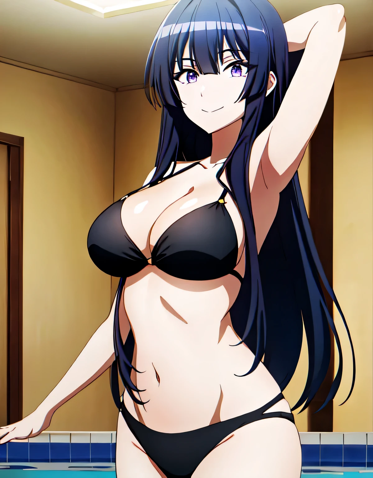 (purple eyes),Purple hair,前hair,Long hair,indoor pool,micro bikini,deep cleavage,shiny hair,(big breasts:1.5),shiny,hair,((alone)),((masterpiece)),((highest quality)),perfect anatomy,slim waist,perfect image,8k uh,(detailed and beautiful eyes:1.5),highly detailed face,Are standing,(Upper body:1.1),(look ahead:1.1),back arm,Super detailed,disorganized,High resolution,light smile,(deep cleavage:1.1),