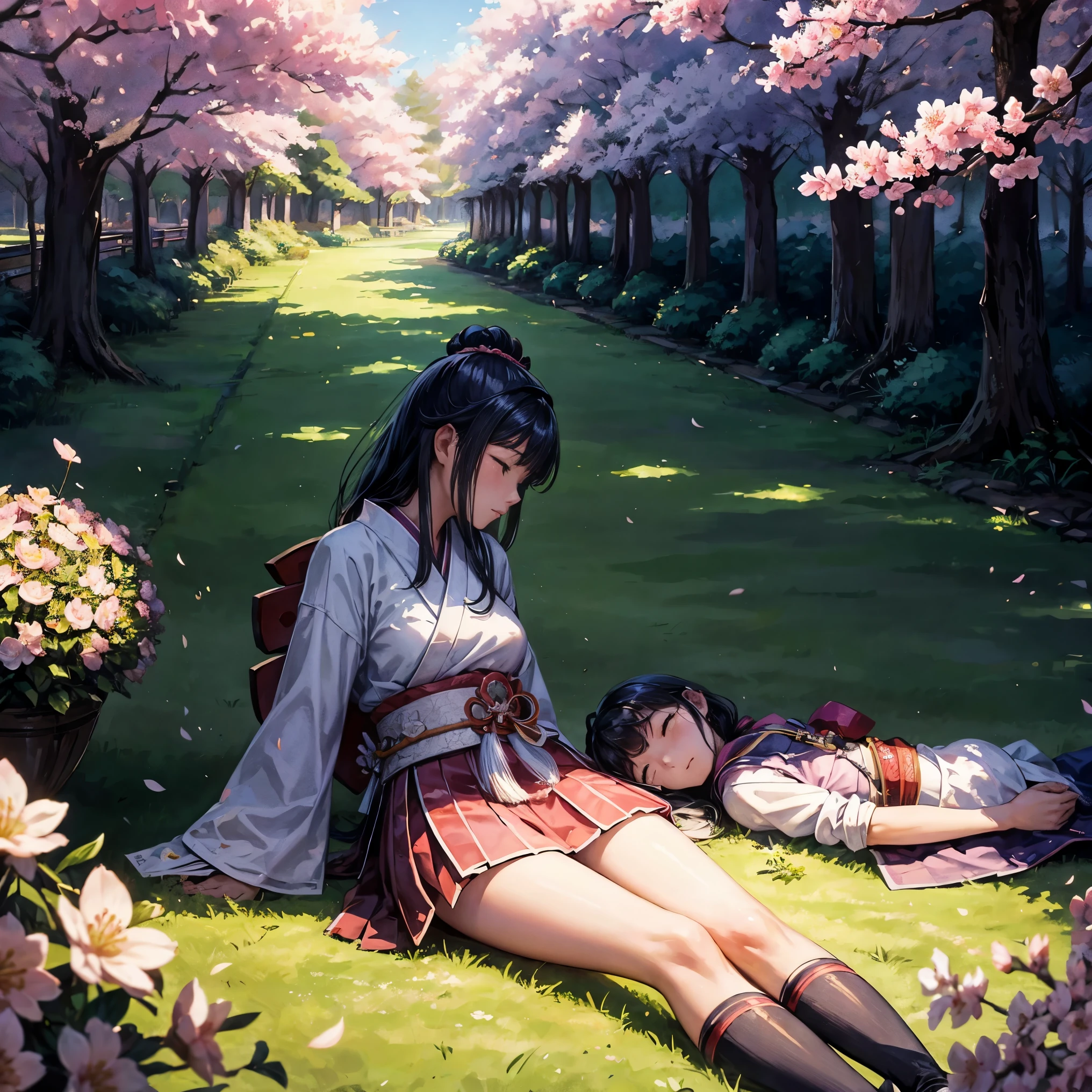 Samurai Girl、samurai girl、A short nap under the cherry blossom tree、sunlight filtering through the trees、