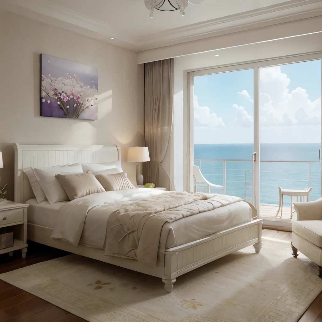 Beautiful Ultra realistic room, conformable, harmony, warm, cozy, an Ultra realistic white bed, Ultra realistic flower paintings, Ultra realistic sea view valcon, Ultra realistic large windows