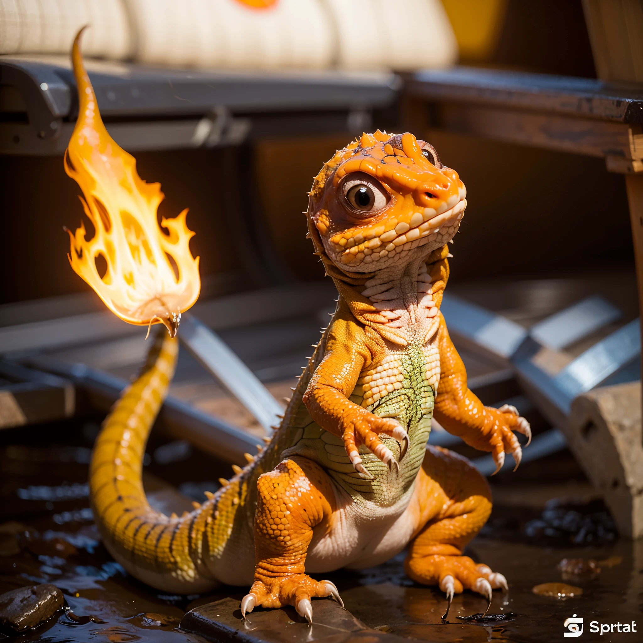 personagem charmander ultra realista, um lagarto alaranjado com olhos azuis u uma chama na ponta da cauda, the lizard is standing looking up smiling