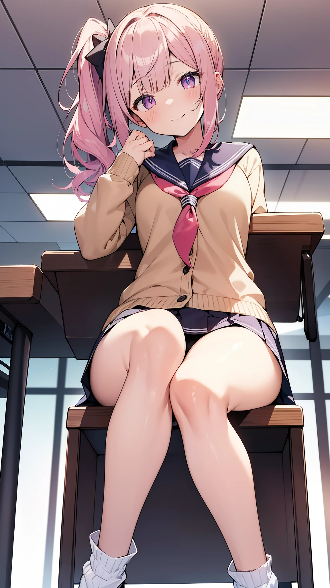 32k, best quality, ultra high res, HDR, UHD, extremely detailed CG unity 32k wallpaper, (cute gal), classroom background, peer in from below, ultra quality hair, pink hair, navy sailor suits, beige cardigan, ultra quality eyes, purple eyes, smile, side ponytail, (showing panties), sit on a chair with your legs spread,