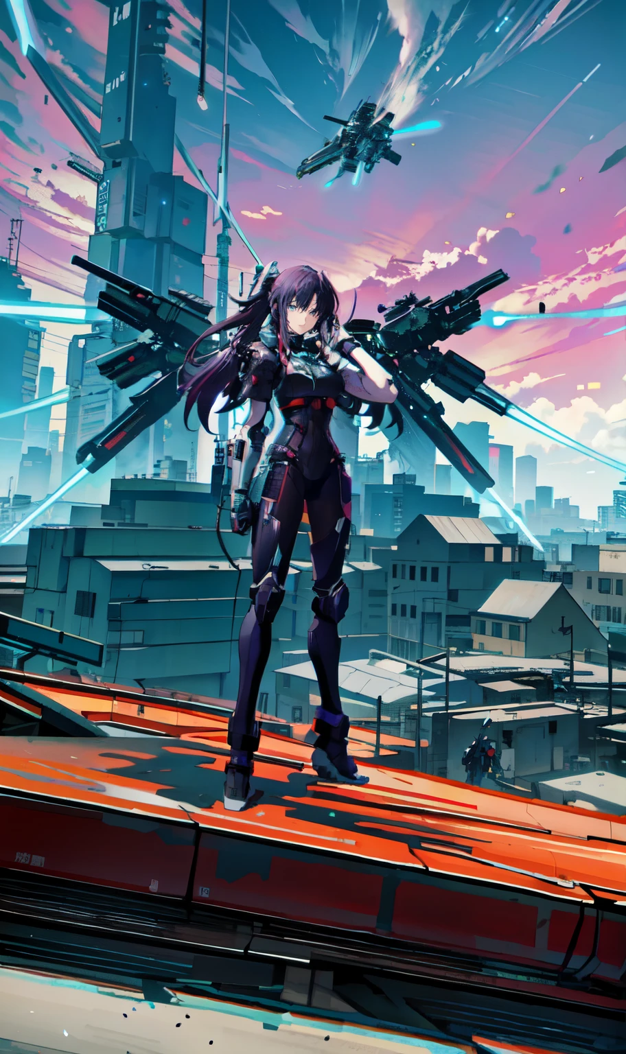 Anime-Charakter steht auf einem Dach mit einer Stadt im Hintergrund, cyberpunk anime girl mech, digital cyberpunk anime art, cyberpunk anime girl, anime cyberpunk art, female cyberpunk anime girl, knallharter Anime 8 k, Girl in mecha cyber armor, female action anime girl, moderner Science-Fiction-Anime, digital cyberpunk - anime art, Anime-Stil 4 K, modern cyberpunk anime