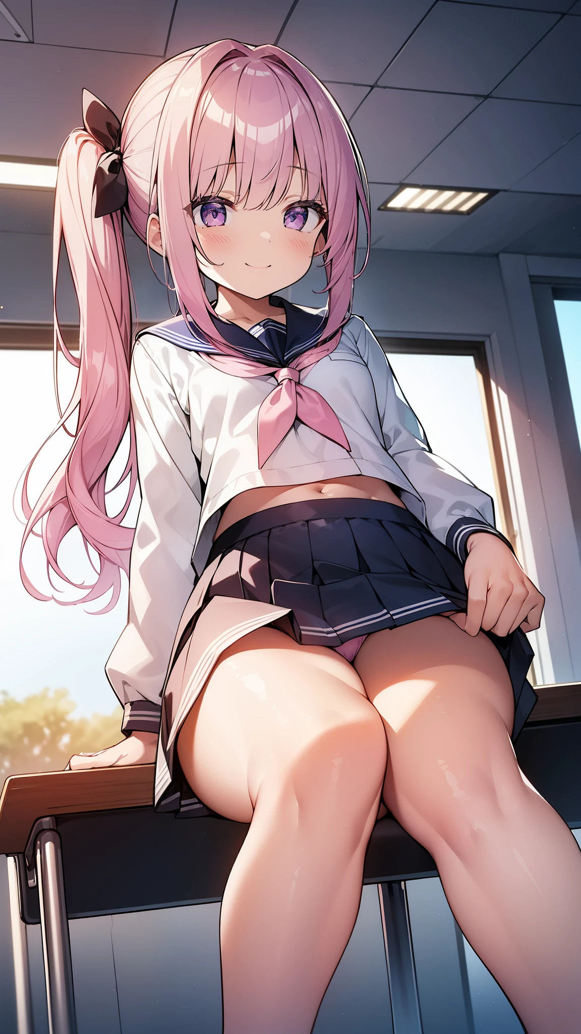 32k, best quality, ultra high res, HDR, UHD, extremely detailed CG unity 32k wallpaper, (cute gal), classroom background, peer in from below, ultra quality hair, pink hair, navy sailor suits, beige cardigan, ultra quality eyes, purple eyes, smile, side ponytail, (showing panties), sit on a chair with your legs spread,