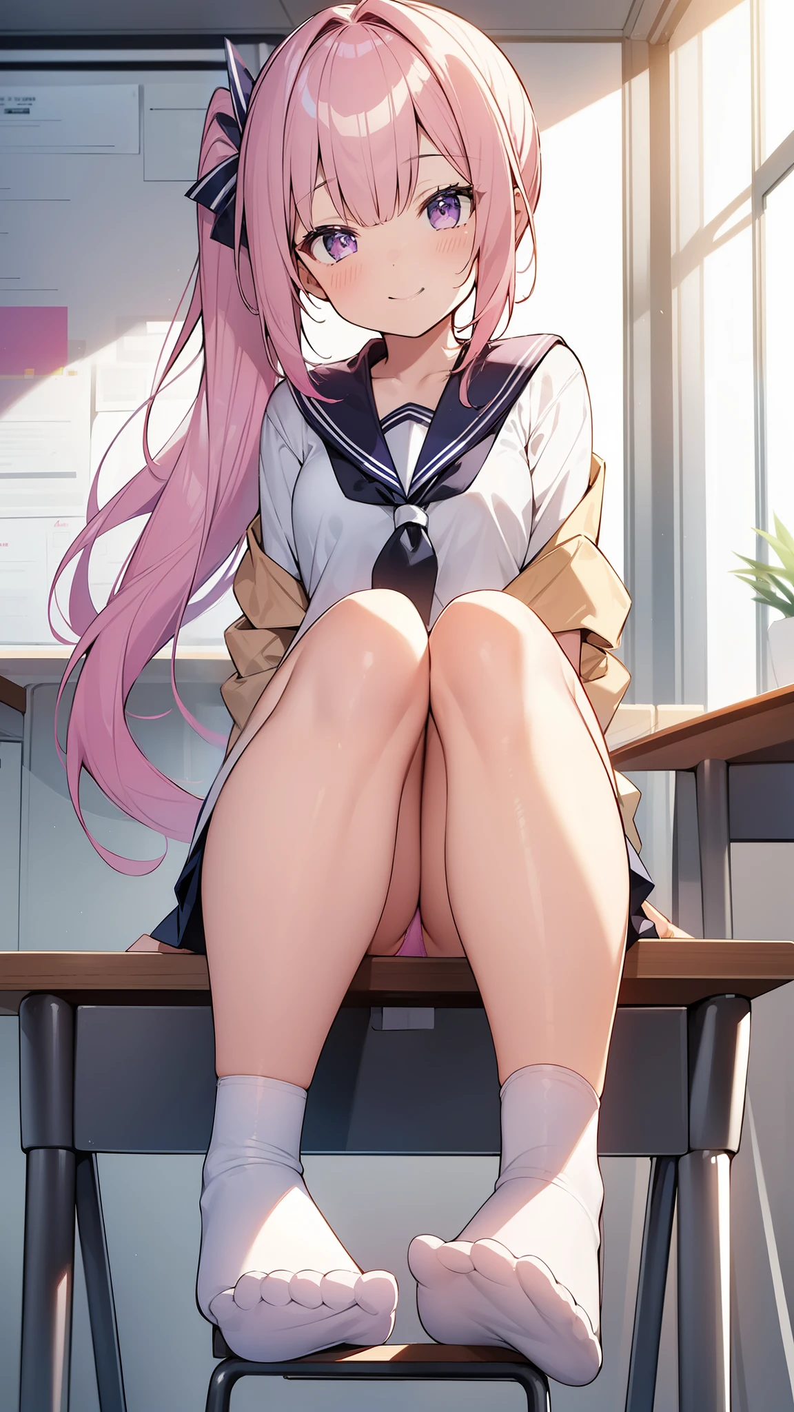32k, best quality, ultra high res, HDR, UHD, extremely detailed CG unity 32k wallpaper, (cute gal), classroom background, peer in from below, ultra quality hair, pink hair, navy sailor suits, beige cardigan, ultra quality eyes, purple eyes, smile, side ponytail, (showing panties), sit on a chair with your legs spread,