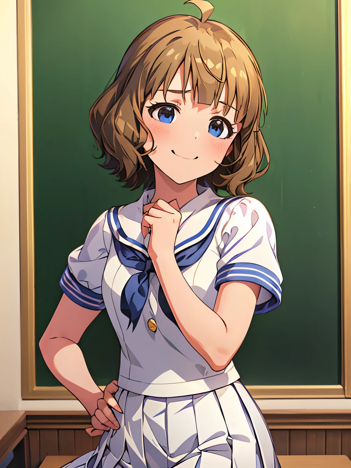 momoko suou (million live), 1 girl, alone, highest quality, super detailed, 8k, High resolution, detailed face, upper body:1.5, light smile, (((school uniform, white sailor collared dress, short sleeves, white skirt, pleated skirt,)))
