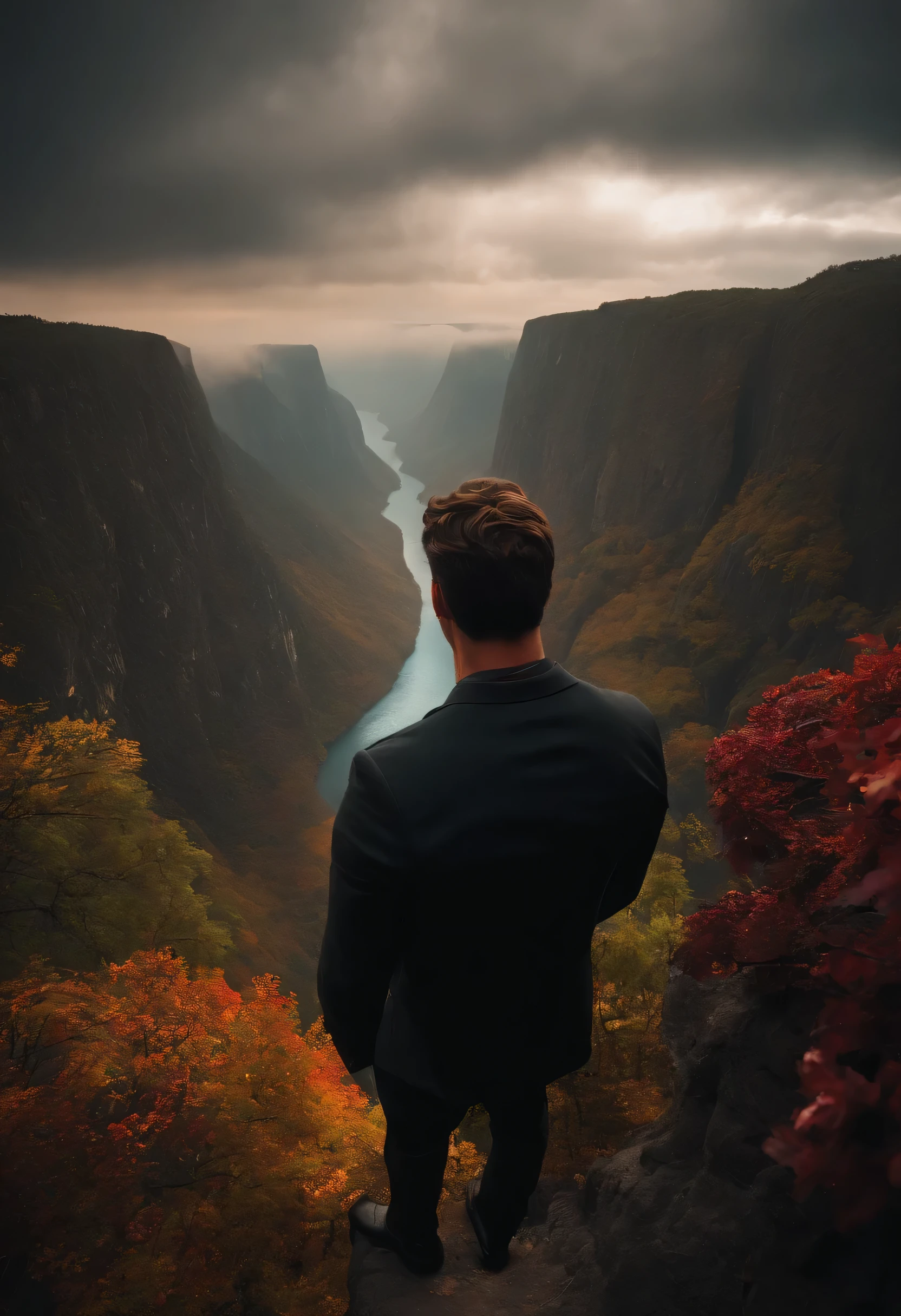 imagine a man on the edge of an abyss full of people crying underneath