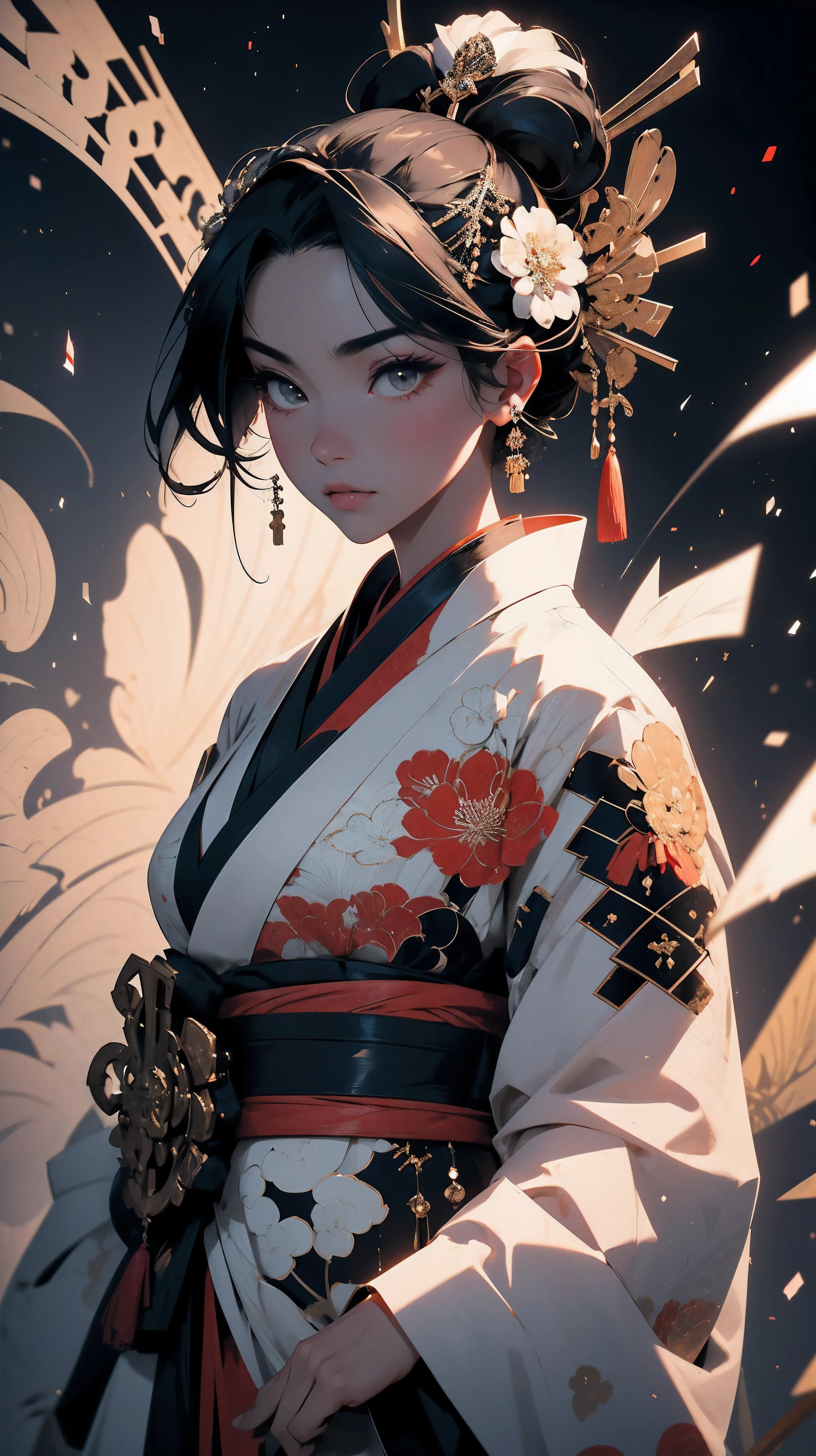 Geisha, Alluring figure, Wearing kimono. Masterful technique reveals the intensity and power of the image;sense of presence,with the highest quality, Perfectly capture every detail with ultra-high resolution. Textures and intricate patterns on kimonos are rendered with extreme precision. Lighting is carefully designed,Enhanced raman, Features deep shadows and subtle highlights. General, The artwork exudes elegance and power, Combining traditional Japanese aesthetics with a modern feel. Monochromatic color palette, Combine details, Create captivating and immersive experience for your audience.