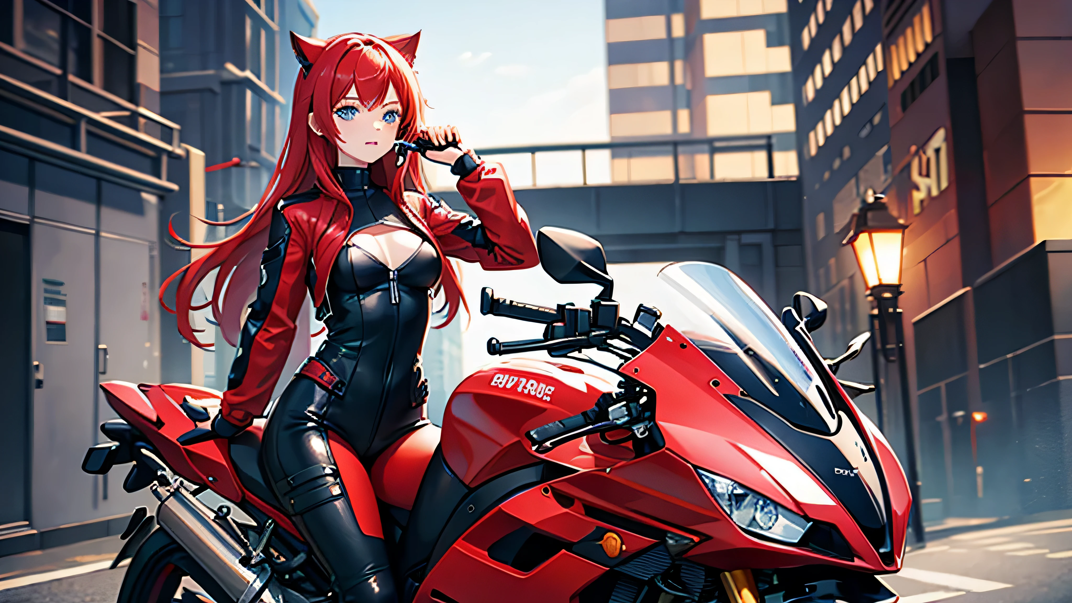 Red Hair Blue eyes cat girl riding a motorcycle