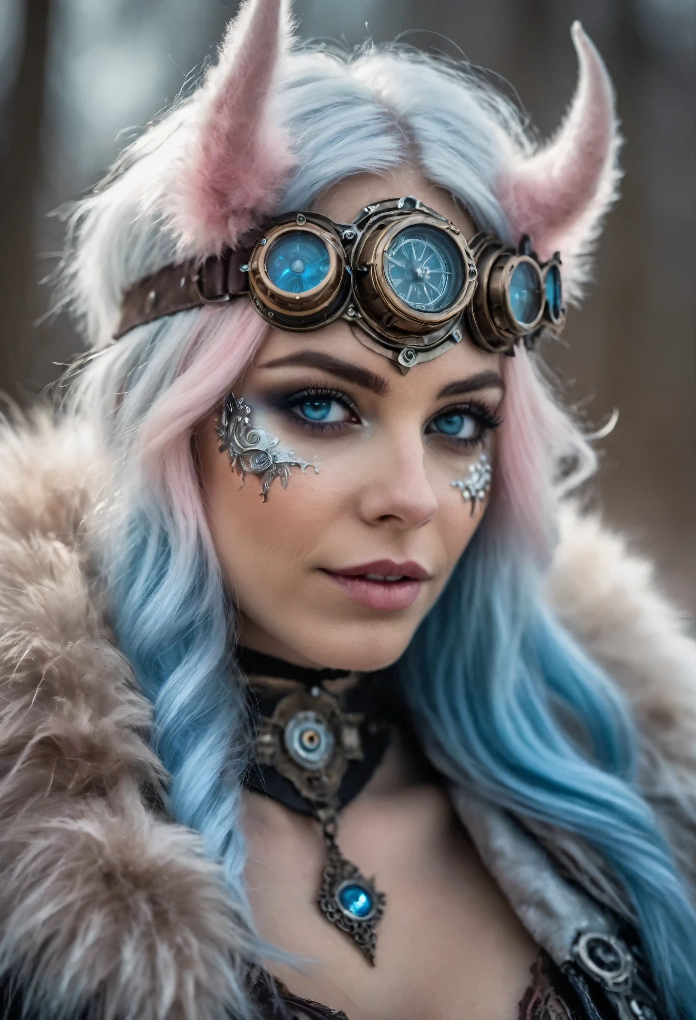 photo shot on Nikon D850, 16k, masterpiece, Detailed, breathtaking, atmospheric perspective, diffusion, natural skin texture, DSLR, 80mm Sigma f2, depth of field, film grain, intricate natural lighting,  full length photo of beautiful steampunk demon with icy blue and white lighting standing in icy field, light grey and pink, energy-filled illustrations, extremely sexy, detailed face and eyes, no makeup, little smiling, highly detailed, dark fantasy aura,  faded colours. 