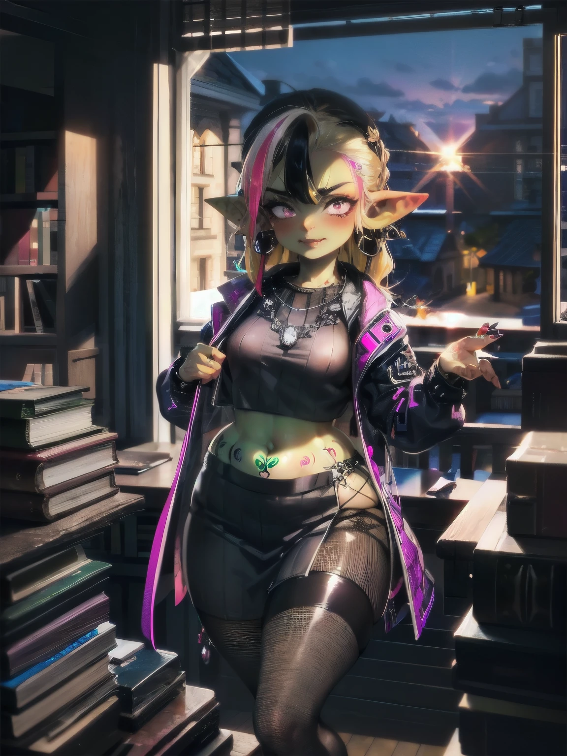 goblin girl, (long multicoloured braided hair), (pink eyeshadow),colored skin, flat chest with protruding dark nipples and (dark areolas),smug, (embarrassed lip biting expression),ring earrings,(wearing stacked Ruby Jewel necklace), (climbing stepladder reaching for book in study room with sunlight shining through, shot from above, micro-skirt, small breasts, punk, wearing techwear croptop, fishnet body stocking, plump thighs,wearing fishnet stockings, tattoos on chest and legs,