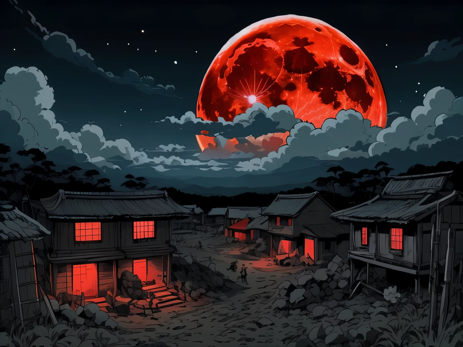 there is a red full moon rising over a huge village, lua de sangue background, lua Vermelha, lua de sangue, lua carmesim detalhada, blood lua Vermelha, huge lua Vermelha, 4k manga wallpaper, epic red - orange moonlight, during a lua de sangue, lua cheia sangrenta, full lua de sangue, full lua Vermelha, praise the lua de sangue, papel de parede de anime 4k