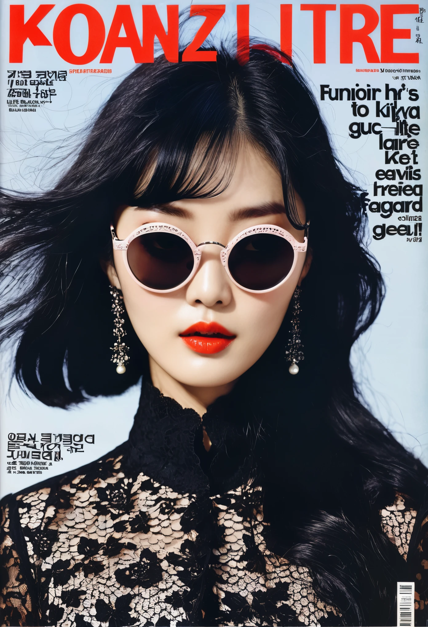 EMIGRnochian GRAZIA cover of Korean singer occult black lace sunglasses and dark hair on the front page, title "English magazineatoria editions hitchhiker's guide to korea", fashion editorial "FUNideal V lite gleam!" large text reads "SPICard ZUCE redding st mesa delicacy