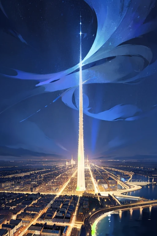 Une ville animée avec des gratte-ciels étincelants et des lumières scintillantes la nuit. 