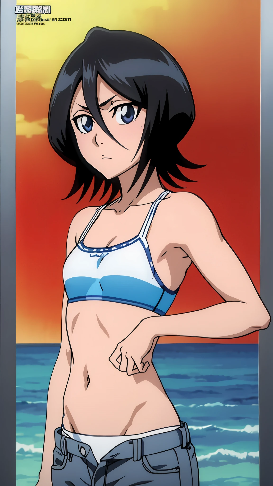 short girl, masterpiece, anime artstyle, highres, solo, 8k, detailed, perfect face, (ultra high quality), looking viewers, armpit, small breast, cleavage, black hair, short hair, belly, stomach, navel, abs, white bikini, swimsuit, denim short, mini short, slim body, emotionless, flat face, blush, thigh, at river