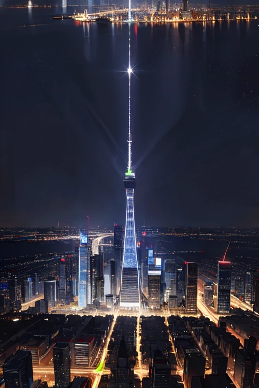 A bustling city with sparkling skyscrapers and twinkling lights at night.