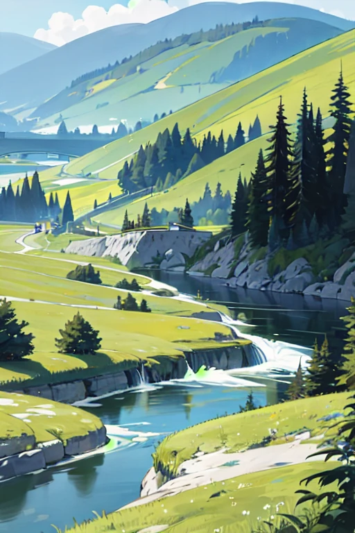 Un ruisseau de montagne serpentant à travers une vallée verdoyante et paisible.