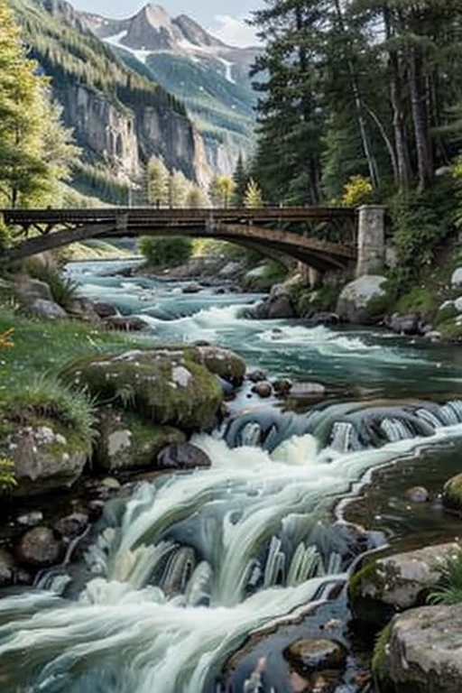 A mountain stream winding through a peaceful, green valley