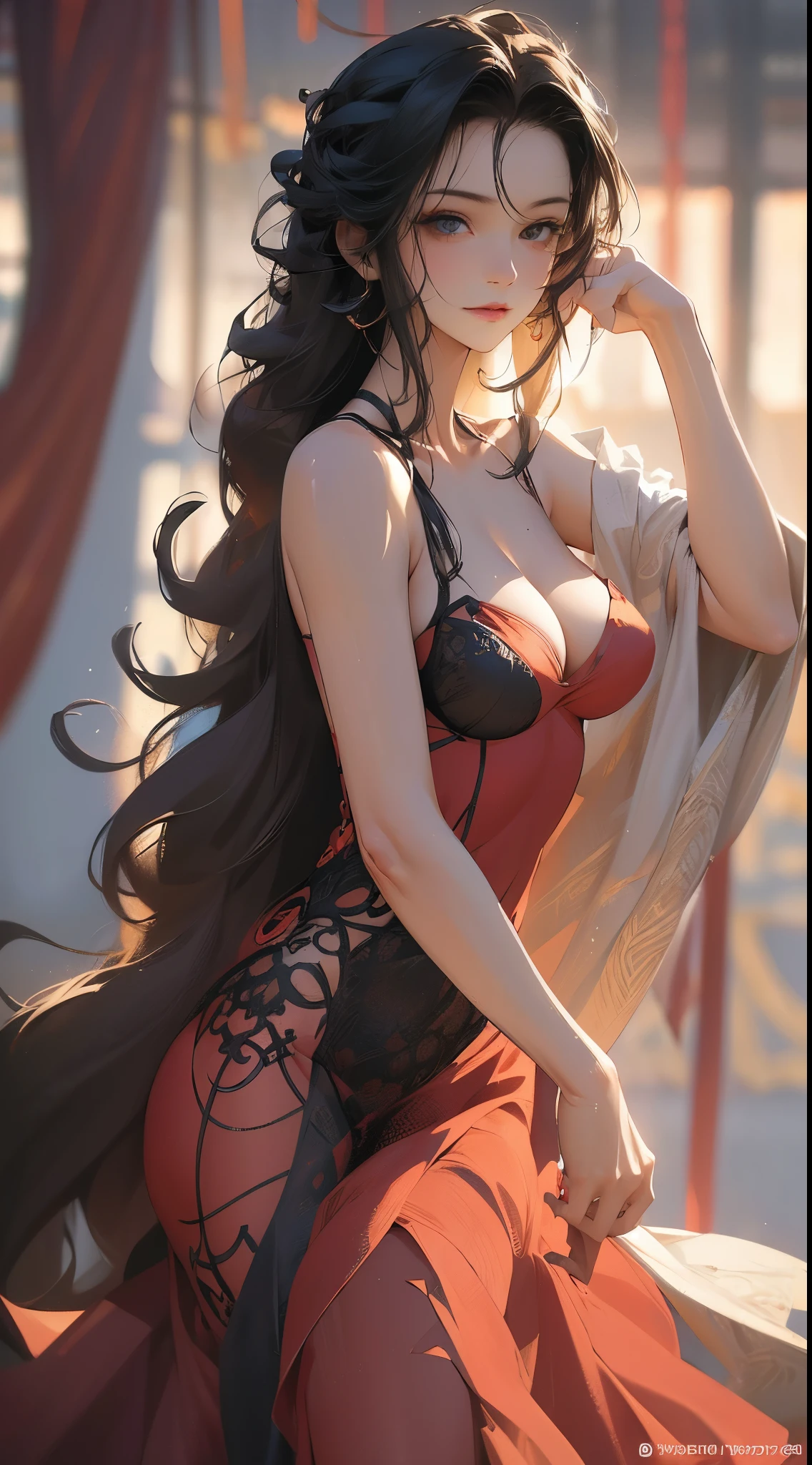 Perfect realistic photo, best possible quality, foto vista de cima, uma mulher negra bonita, she is naked with curly hair lying on a red satin bed, ela tem seios redondos e pequenos, pernas abertas, mostrando a virilha e a buceta peluda, ela sorri maliciosamente, olhos verdes fixos, sexy, sensual