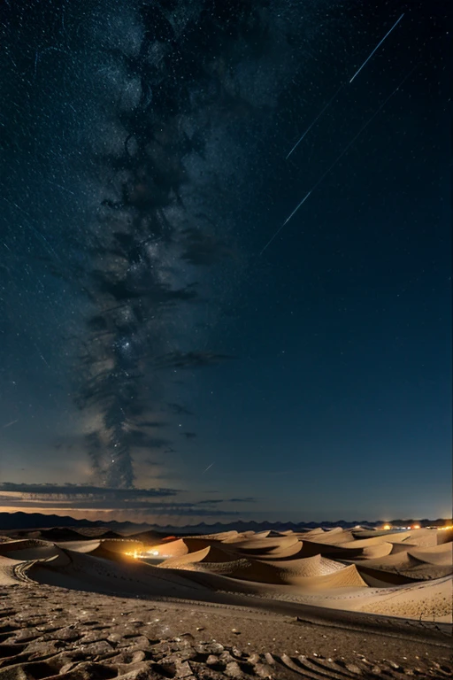 A barren desert with sand dunes and a starry sky at night.