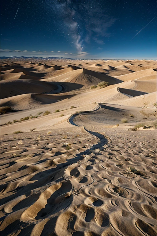 A barren desert with sand dunes and a starry sky at night. 