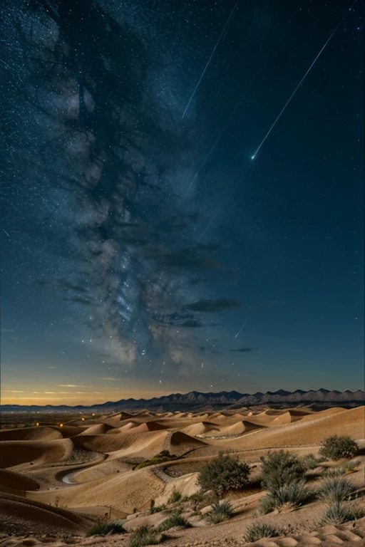 An arid desert with sand dunes and a starry sky at night