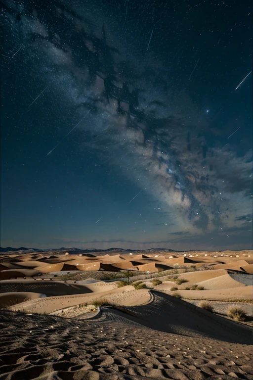 An arid desert with sand dunes and a starry sky at night