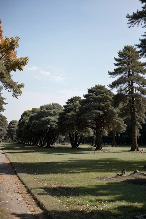 An ancient forest with century-old trees and a carpet of dead leaves. 