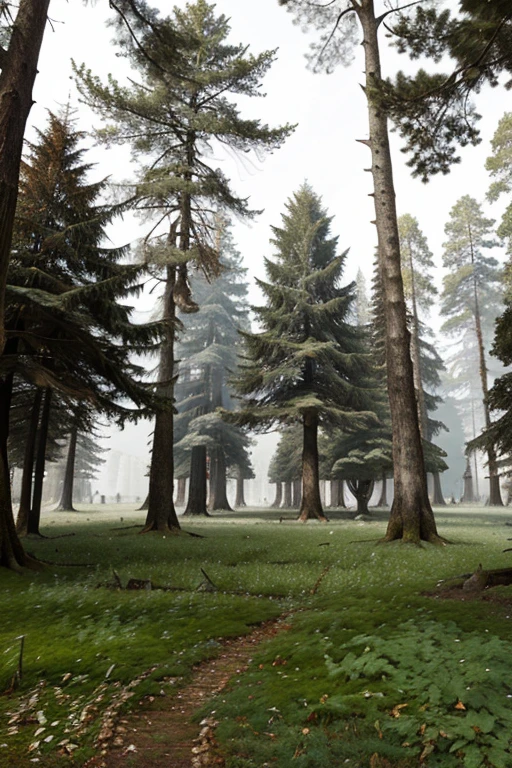 An ancient forest with century-old trees and a carpet of dead leaves.