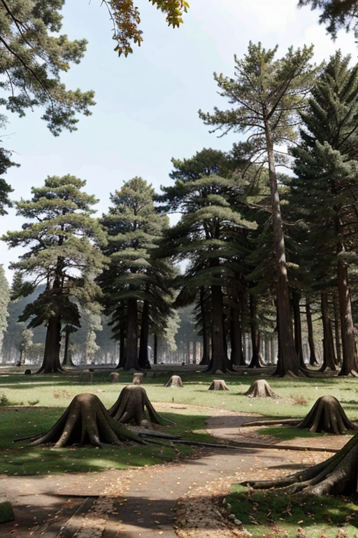 An ancient forest with century-old trees and a carpet of dead leaves. 