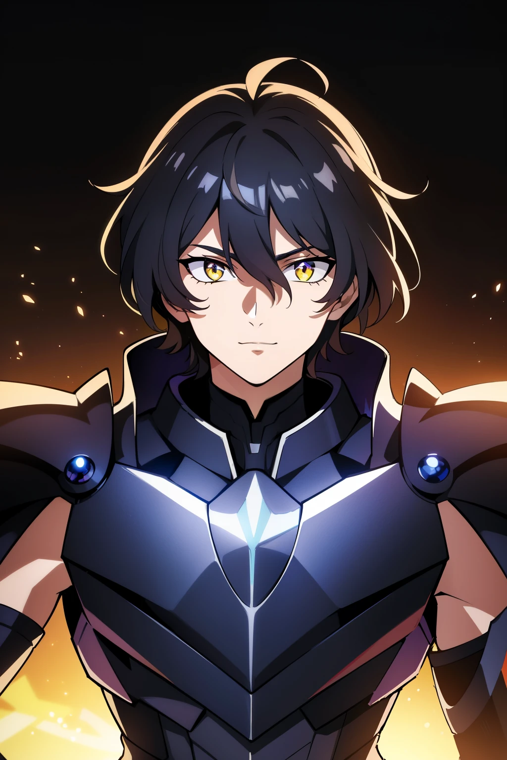 (high-quality, breathtaking),(expressive eyes, perfect face), 1boy, male, solo, half body, armor, dark onyx purple armor, saint seiya armor, spectre armor, fantasy armor, black hair, medium length hair, bright yellow eyes, black background, small smile, zoom out, stylized hairstyle, narrow eyes, bust shot, portrait
