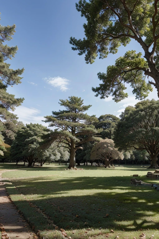 An ancient forest with century-old trees and a carpet of fallen leaves.