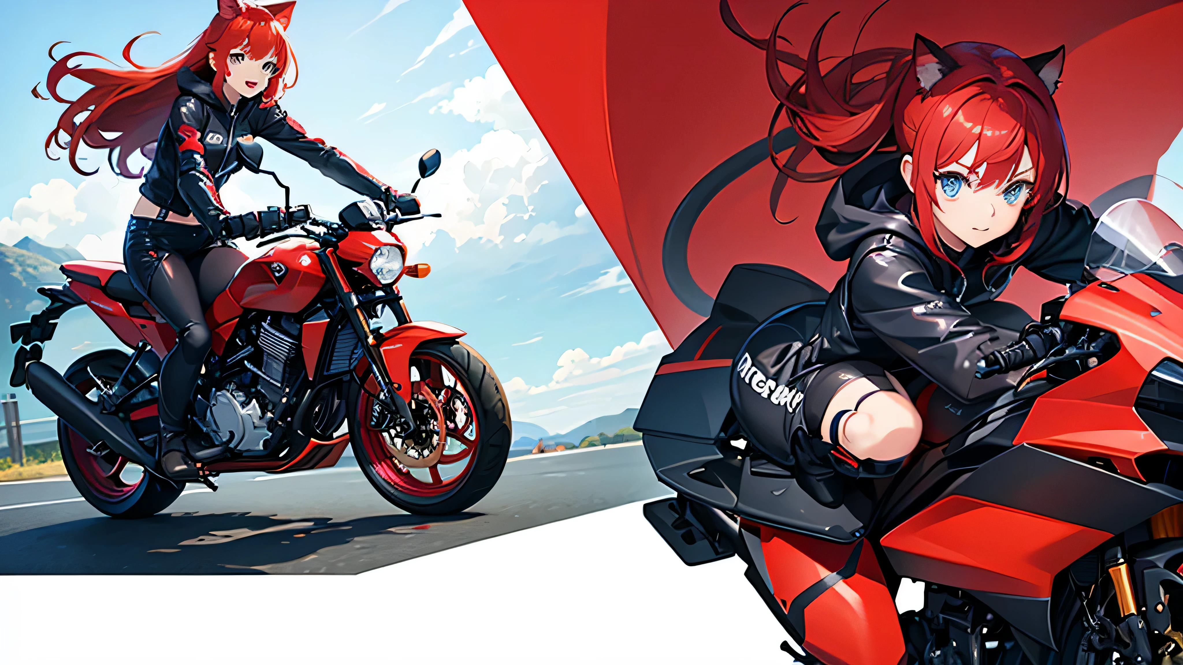 Red Hair Blue eyes cat girl riding a motorcycle