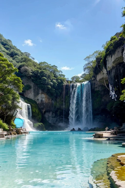 A majestic waterfall with turquoise water falling into a clear blue pool