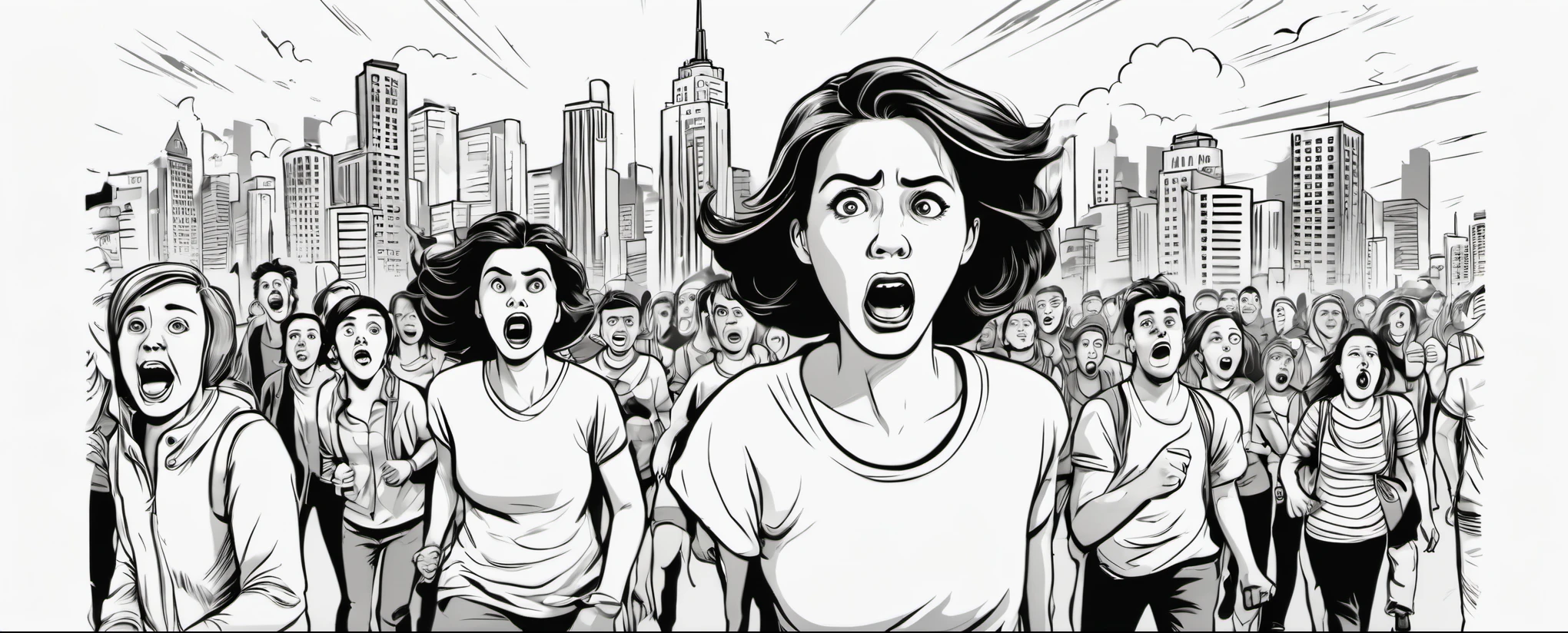 um desenho COLORIDO de um grupo de pessoas em frente a uma cidade, people gritando, people panicking, people panic in the foreground, vetor preto e branco art, pessoas correndo com medo, black and white illustration, vetor preto e branco, someone is gritando, the girl is scared, gritando with fear, metropolis background, cartoon illustration, exciting illustration, gritando, comic illustration