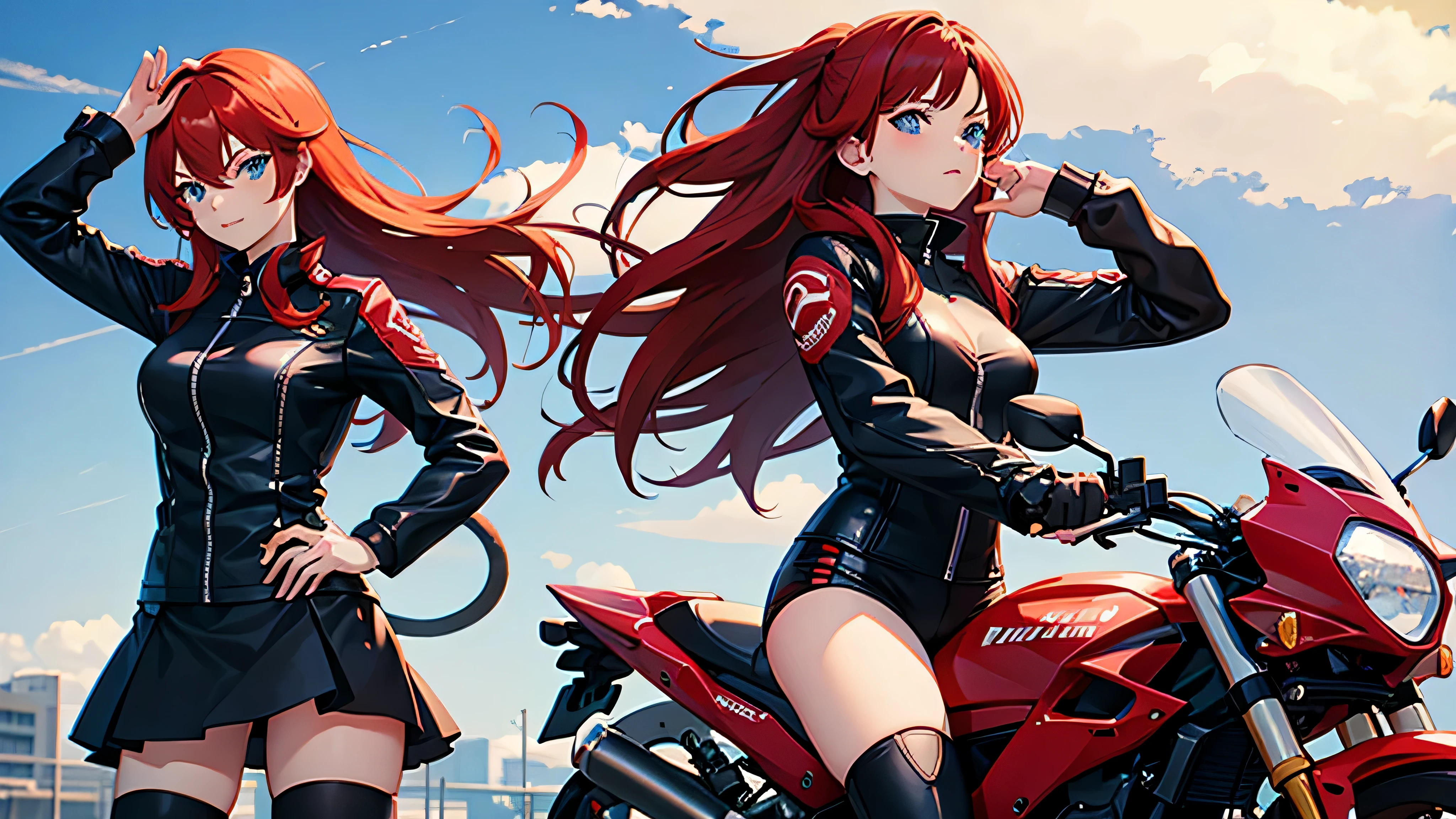 Red Hair Blue eyes cat girl riding a motorcycle